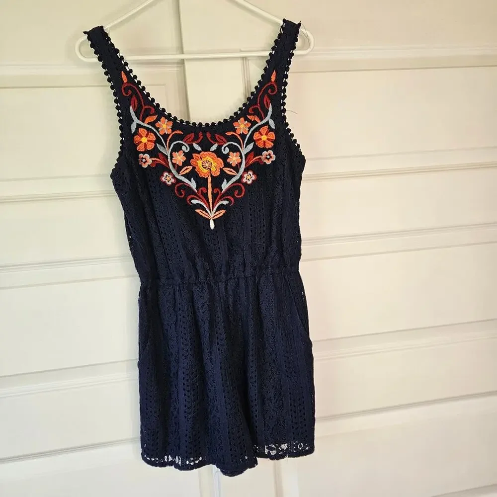 Boho Embroidered Lace Romper Navy Floral Festival Summer Xhilaration Size Medium